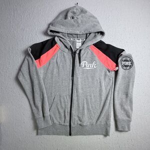 PINK Victoria's Secret Full Zip Gray Black Coral Medium Hooded Sweatshirt Jacket